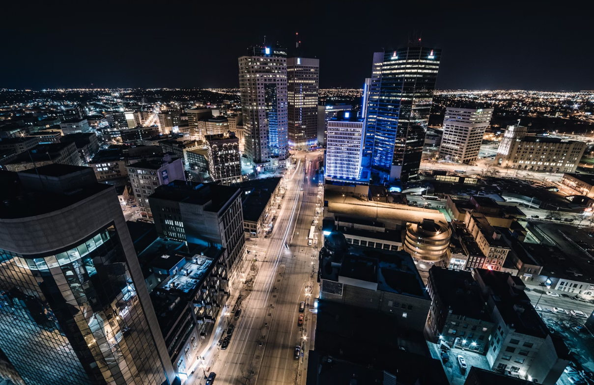 Winnipeg's Exchange District warehouses and the prairie skyline at twilight, Manitoba
